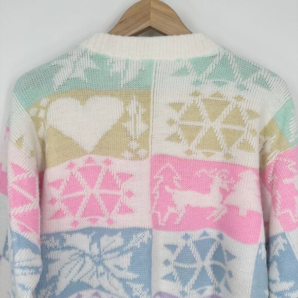 Vintage 80's 90’s Pastel Winter Sweater Chunky Knit Ugly Christmas Crew Neck - Picture 7 of 11
